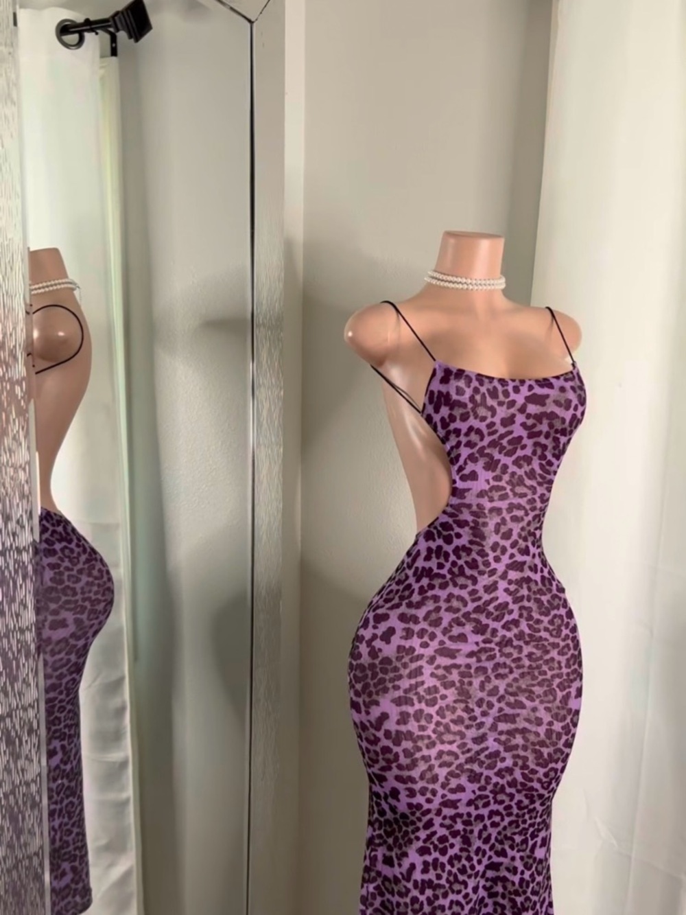 Purple Leopard-Print Slip Dress with Spaghetti Straps